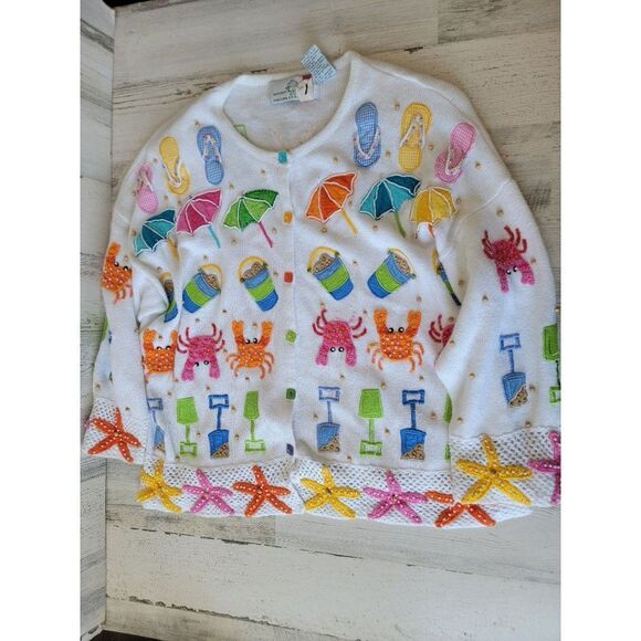 Vintage design options Philip Jane Gordon white Beach Crab cardigan starfish emb - Picture 1 of 16
